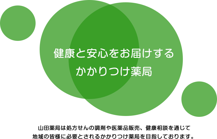 山田薬局は処方せんの調剤や医薬品販売、健康相談を通じて
  地域の皆様に必要とされるかかりつけ薬局を目指しております。